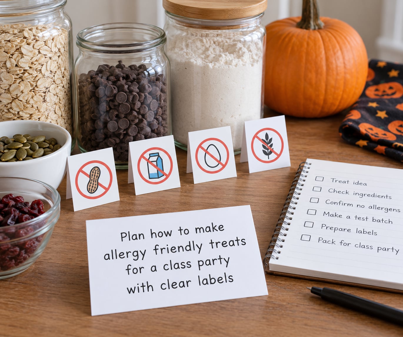 Plan how to make allergy friendly treats for a class party with clear labels